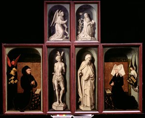 El Juicio Final cuando está cerrado, representando a los donantes Canciller Nicholas Rolin y su esposa, Guigone de Salins, La Anunciación, San Sebastián y San Antonio el Grande, c.1445-50 de Rogier van der Weyden